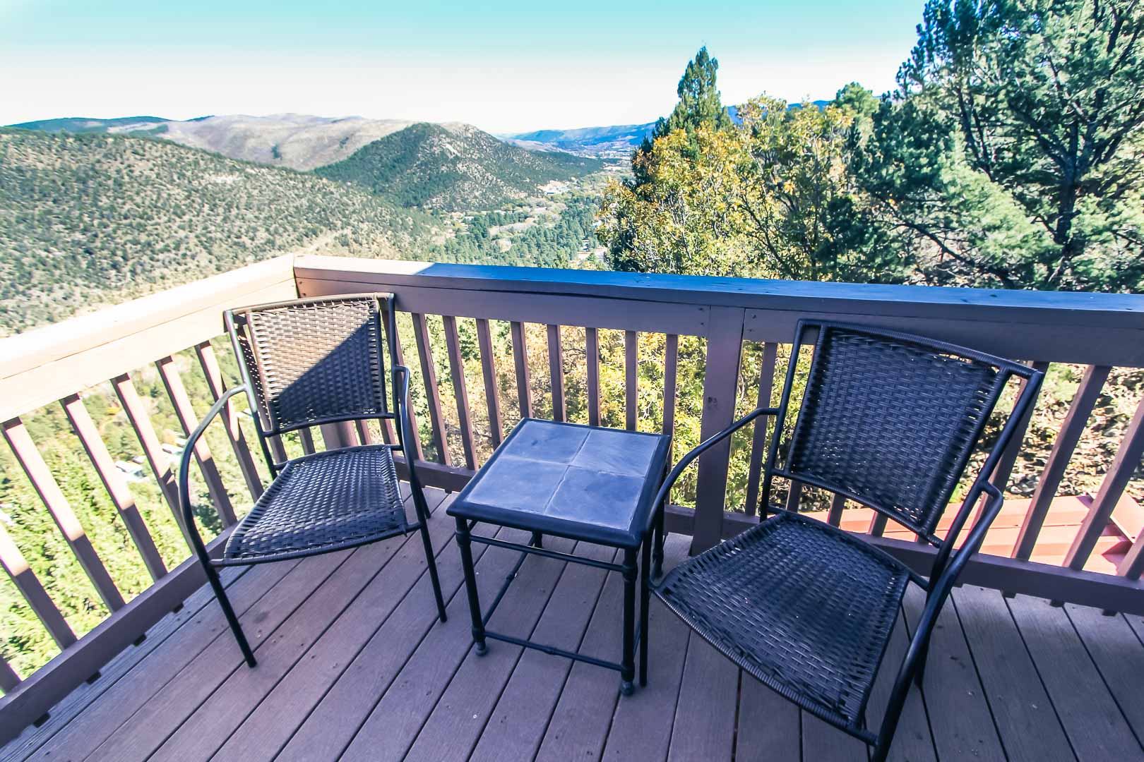 A tranquil patio deck view at VRI's Crown Point Condominiums in New Mexico.